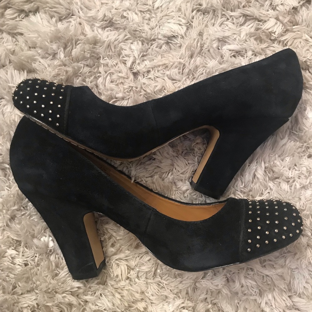 CYNTHIA ROWLEY Black Suede Gold Studded Pumps